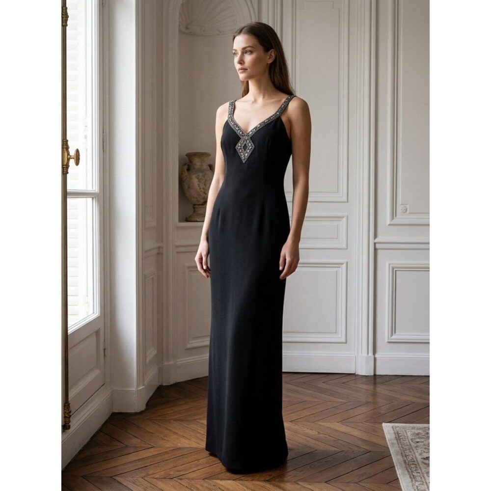 Vintage Embellished V-Neck Black Maxi Dress Size 14
